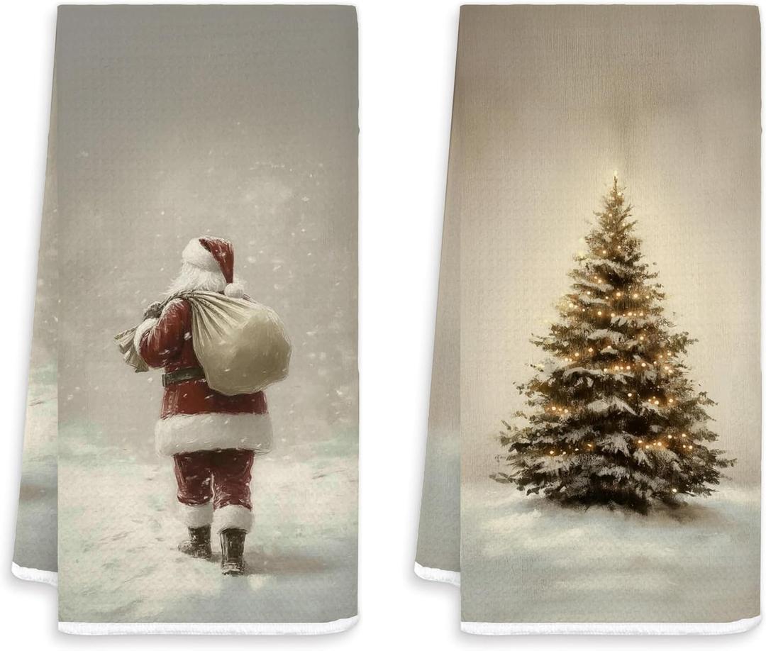 Christmas Hand Towels 2 Pack 16x24 Inches  Elegant Holiday Kitchen Towels with Snowy Christmas Tree and Santa Claus  Decorative Festive Dish Towels for Kitchen & Bathroom