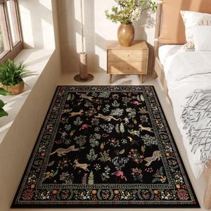Bedroom Rug 3x5 Rug Washable Area Rug Non Slip Low Pile Boho Floral Animal Small Carpet for Bedroom, Bedside, Kitchen, Entryway, Kids Room, Office, College Dorm Essentials for Girls (Black)