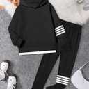 NECIOUS Girls Clothes Size 7 8 Girls Fall Outfits Winter 2 Piece Fashion Contrast Stripes Black Hoodie Tops Leggings Pants Kids Clothing Sets (Black)