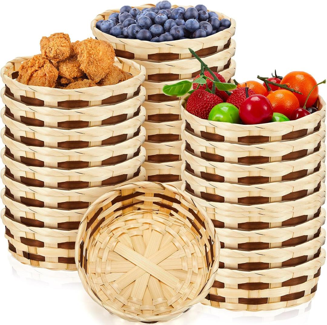 Sintuff 24 Pack Woven Basket Round Bamboo Gift Baskets, Wicker Berry Bread Fruit Basket Food Storage Serving Baskets for Picnic Kitchen, Restaurant, Centerpiece Display, Party, Wedding (Small)