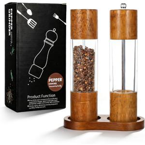 Wooden Salt and Pepper Grinder Set, 8 inch Manual Refillable Wooden Salt and Pepper Shakers Mill with Tray, Adjustable Coarseness, Solid Wood with Ceramic Stainless Steel Core, Transparent - 2 Packs