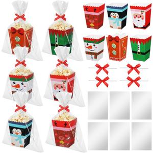 Colarr 24 Set Christmas Popcorn Boxes Holiday Popcorn Paper Boxes Christmas Movie Night Buckets Treating Containers with Plastic Bag and Ribbon for Xmas Candy Cookie Snack Movie Night Party Decoration