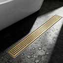 32-Inch Brushed Gold Linear Shower Drain, 304 Stainless Steel Long Linear Drain with Quadrato Pattern Grate, Rectangle Shower Floor Drain with Adjustable Feet, Hair Strainer, Fits Bathroom, Balcony