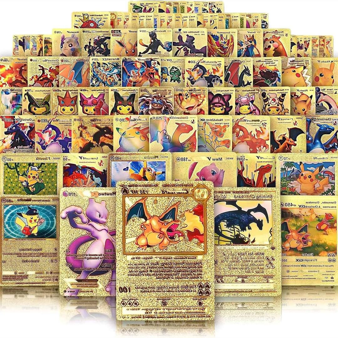 55 PCS Gold Cards Packs Vmax V EX GX Rare Golden Cards TCG Deck Box Gold Foil Card for Fans/Kids/Collectors Gifts (No Duplicates)