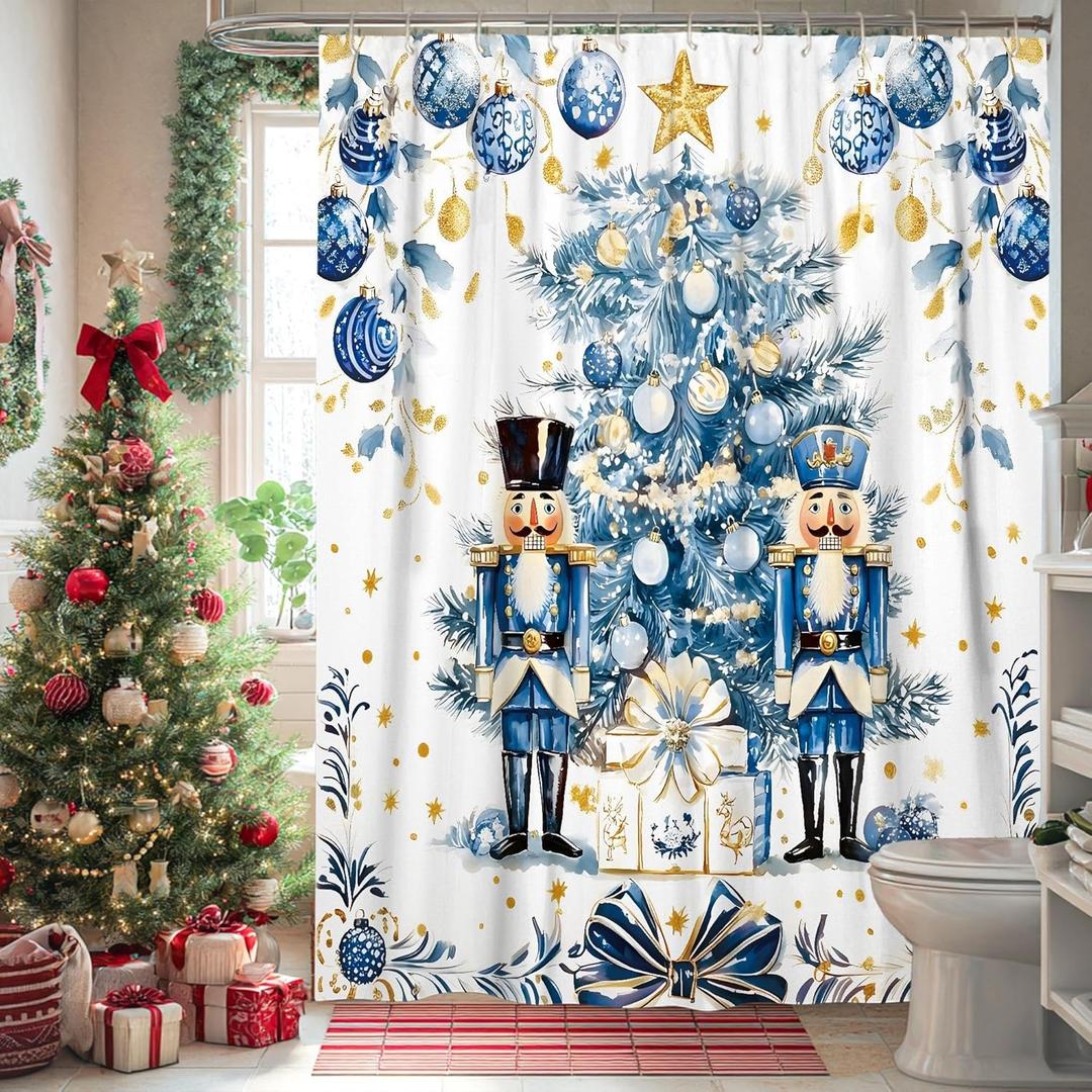 Nutcracker Shower Curtain, Blue White Christmas Tree Holiday Decor, Winter Festive Modern Art Waterproof Fabric Bathroom Curtain with Hooks 72x96 Inch