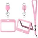ID Badge Holders and Retractable Reel Clips,Lanyard with Release Buckle, Key Card Holder Nametag Protector for Nurse Women Girl Kid Office Teacher Doctor Student (Pink Horizontal,Double-Sided Clear)
