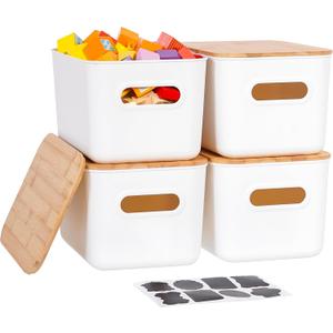Citylife 4 PCS Storage Bins with Bamboo Lids Plastic Storage Containers for Organizing Stackable Storage Box with Handle, 10.23 x 7.08 x 6.3 inch (White)