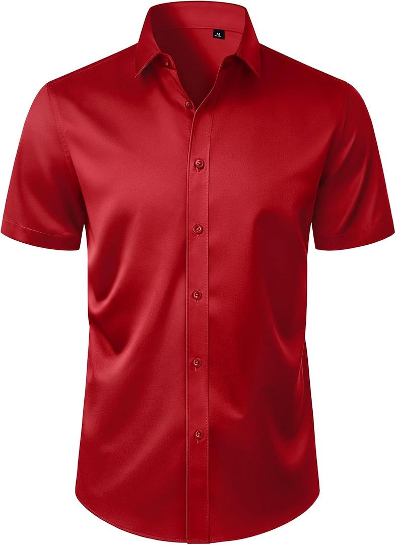 Men's Short Sleeve Dress Shirts Stain Shield Stretch Button Down Shirt Business Casual Formal Wedding Office Tops (Red, L)