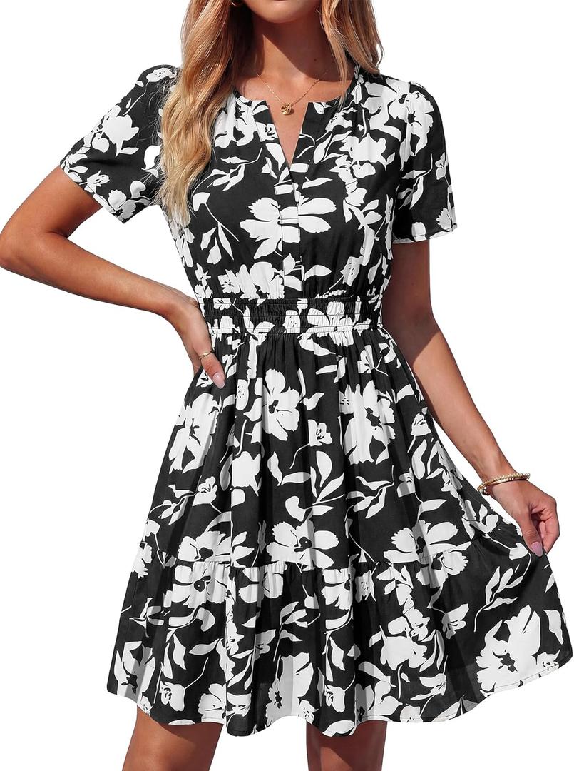 BTFBM Summer Dresses for Women 2026 Lightweight Casual Short Sleeve Floral Mini Dress A Line Beach Vacation Sundress (Black, XL)