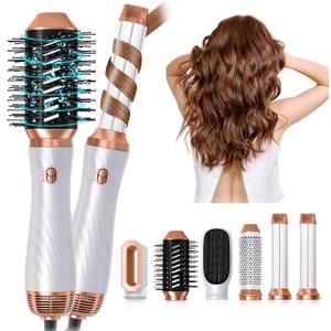 6 in 1 Hair Dryer Brush, Upgrade Detachable Blow Dryer Brush Air Styler Wrap Air Curler, Curly Twist Hot Curling Iron, Negative Ion Blow Dryer Hot Styler, Travel Hair Styling Tool (Gold)