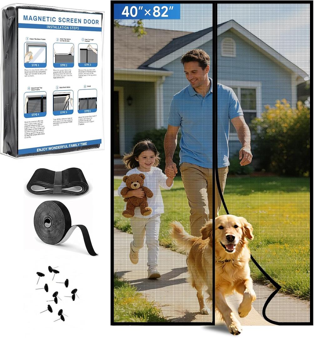 Magnetic Screen Door Upgraded PET Mesh Stronger Than Fiberglass and Polyester,Hands Free,Keeps Bugs Out,Pet & Kid FriendlySuitable for Home and Screen Size 40" X 82"