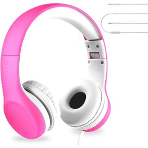 LilGadgets Connect+ Foldable Headphones, Adjustable Fit Soft Touch Padding for Kids with Mic, Volume-Limited & Noise Reduction On-Ear Wired Headset for School with Share Port - Pink, Ages 3-14
