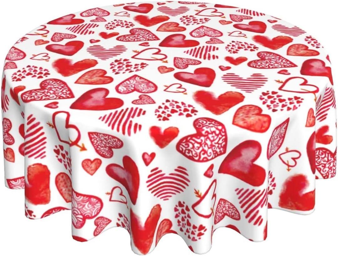 Valentines Day Round Tablecloth 60 Inch Red Heart Table Cloth Water Resistant Washable Polyester Valentine's Day Table Cover for Kitchen Dining Table Party Decor