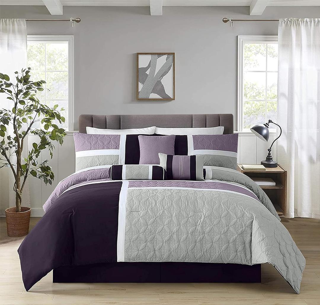 Chezmoi Collection Upland 7-Piece Quilted Patchwork Comforter Set, Lavender/Gray/Purple, Queen