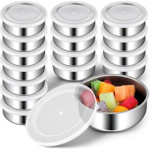 16 Pcs 9 oz Stainless Steel Containers with Lids Unbreakable Stainless Steel Food Containers with Plastic Lids Round Leak Proof Metal Lunch Box Mini Storage Bowls, SIlver, White Lid
