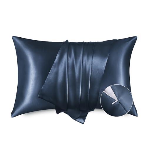 Bedsure Satin Pillowcase with Zipper, Similar to Silk Pillow Cases 2 Pack, Satin Pillow Cases Queen, Silky & Soft Blue Pillow Covers for Hair and Skin, Gifts for Women Men, 20x30 Inches