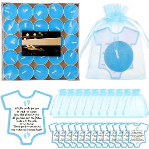 Roowest 24  Shower Party Candles Gift for Guests Cute Tea Lights Candle Decorations with Thank You Cards Organza Bags for Girl Boy Baby Shower Gender Reveal Favors(Blue)
