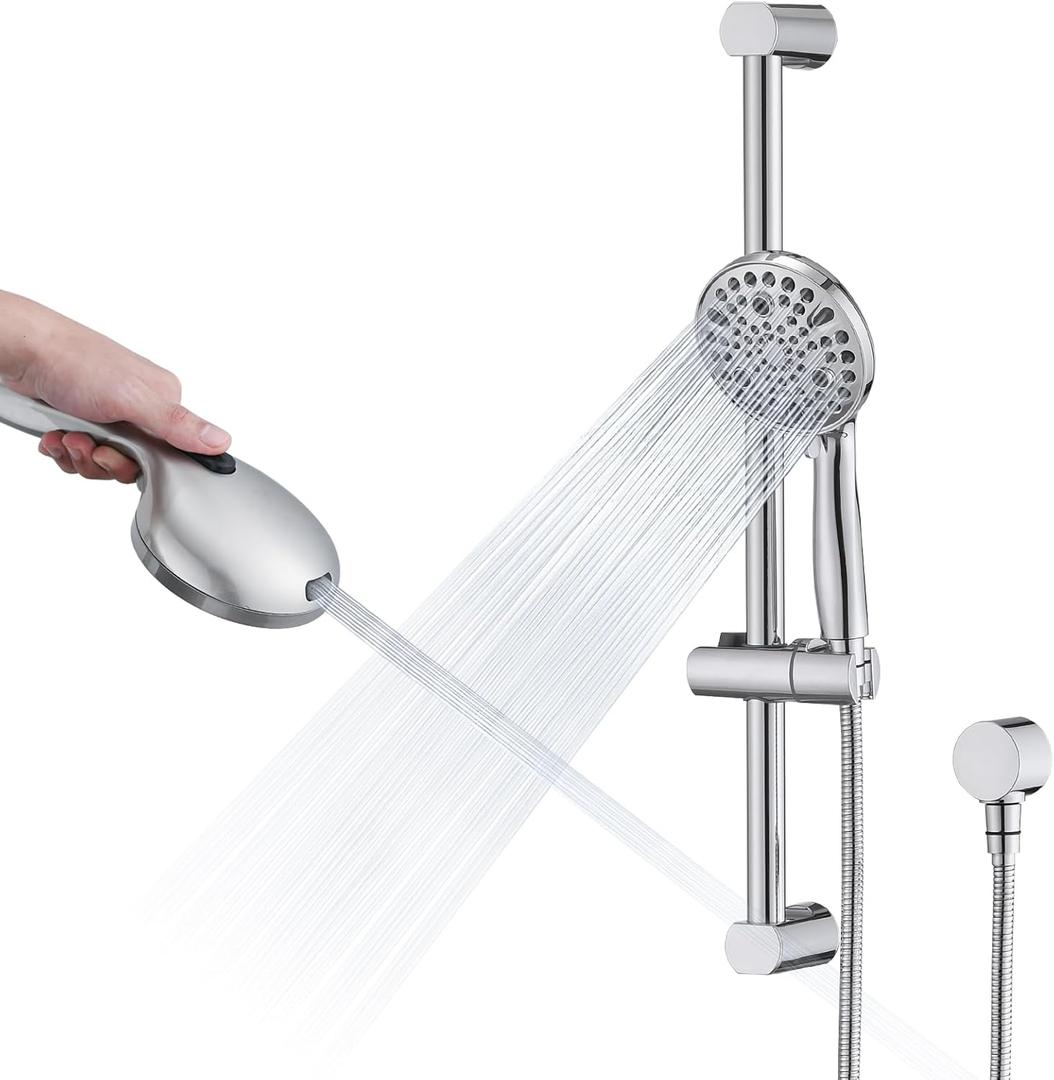Hand Shower with Slide Bar, High Pressure 10 Setting Handheld Shower Head, Adjustable Height 24" Slide Bar, Wall Supply Elbow and 6.6ft Extra Long Shower Hose - Chrome