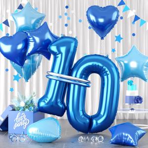 Blue Number 10 Balloons, 40inch Dark Blue Number 10 10th Balloons, Blue Foil Star Heart Balloon With Long Balloon For Boys 10th Birthday Party 1st Kids Baby Shower Anniversary Bachelorette Decorations