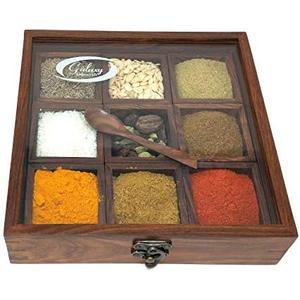 Galaxy Indiacraft Wooden Multipurpose Utility Table Top Spice Box | Removable Containers | Jars Cum Kitchen and Dry Fruit Box with Spoon (4 Multi-Compartments)