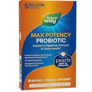 Nature's Way Max Potency Probiotic Pearls for Men and Women, Supports Digestive, Immune, Colon Health*, 5 Billion Live Cultures, No Refrigeration Required, 30 Softgels (BB 12/2025)
