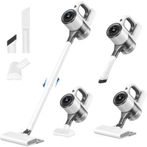 Cordless Vacuum Cleaner for Home, Powerful Stick Vacuum Cleaner with LED Screen and 3-Speed Suction, Rechargeable Vacuum Cordless, Lightweight Handheld Vacuum for Hard Floors Carpets Pet Hair, White