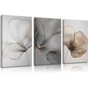 Abstract Floral Canvas Wall Art - Minimalist Gold Line Petal Picture Wall Decor - Modern Neutral Botanical Print Artwork for Living Room, Bedroom & Entryway Home Decoration 16x24in Beige Gray & Gold