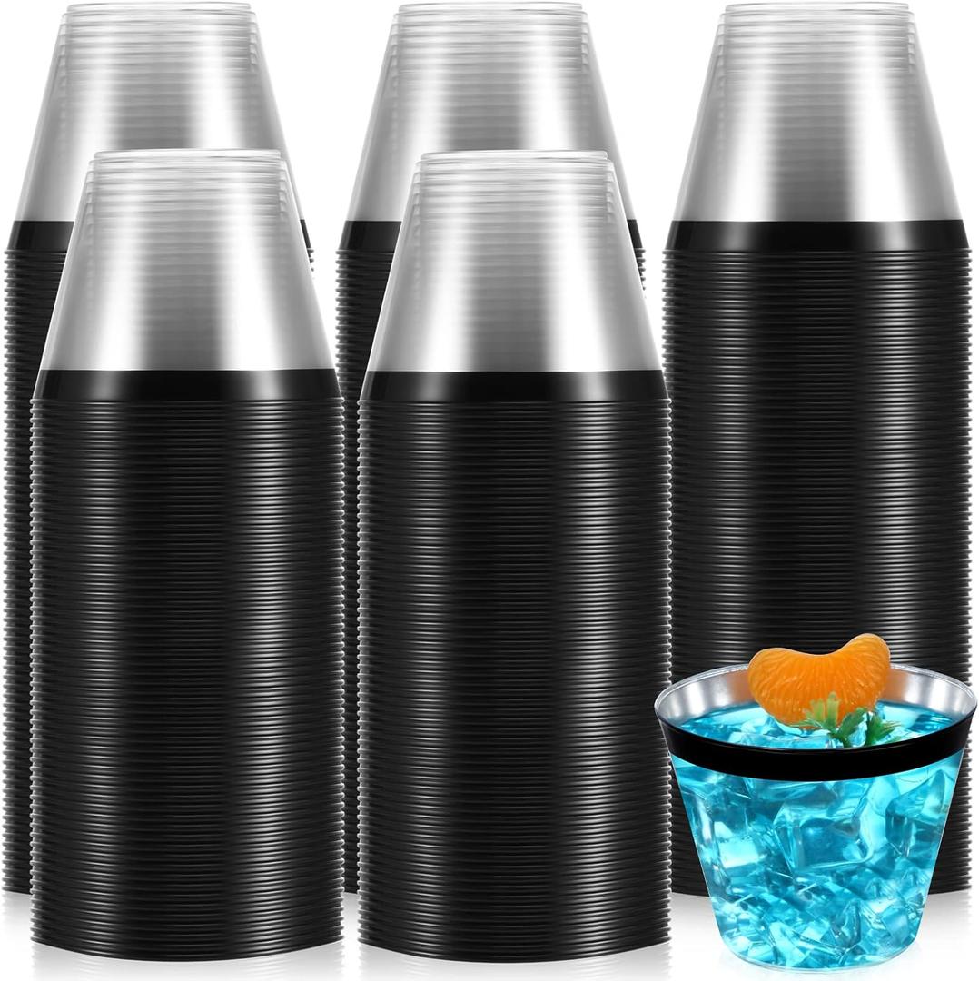 Lounsweer 100 Pcs 9oz Rimmed Plastic Cups Wedding Clear Cocktail Cups Heavy Duty Disposable Wine Glasses for Birthday Bridal Shower Baby Shower Holiday Celebrations(Black)