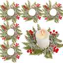 6 Pcs Christmas Candle Rings Wreath Red Berry Mini Cabinet Wreaths Artificial Snowy Wreath Candle Ring Holder for Christmas Table Centerpiece