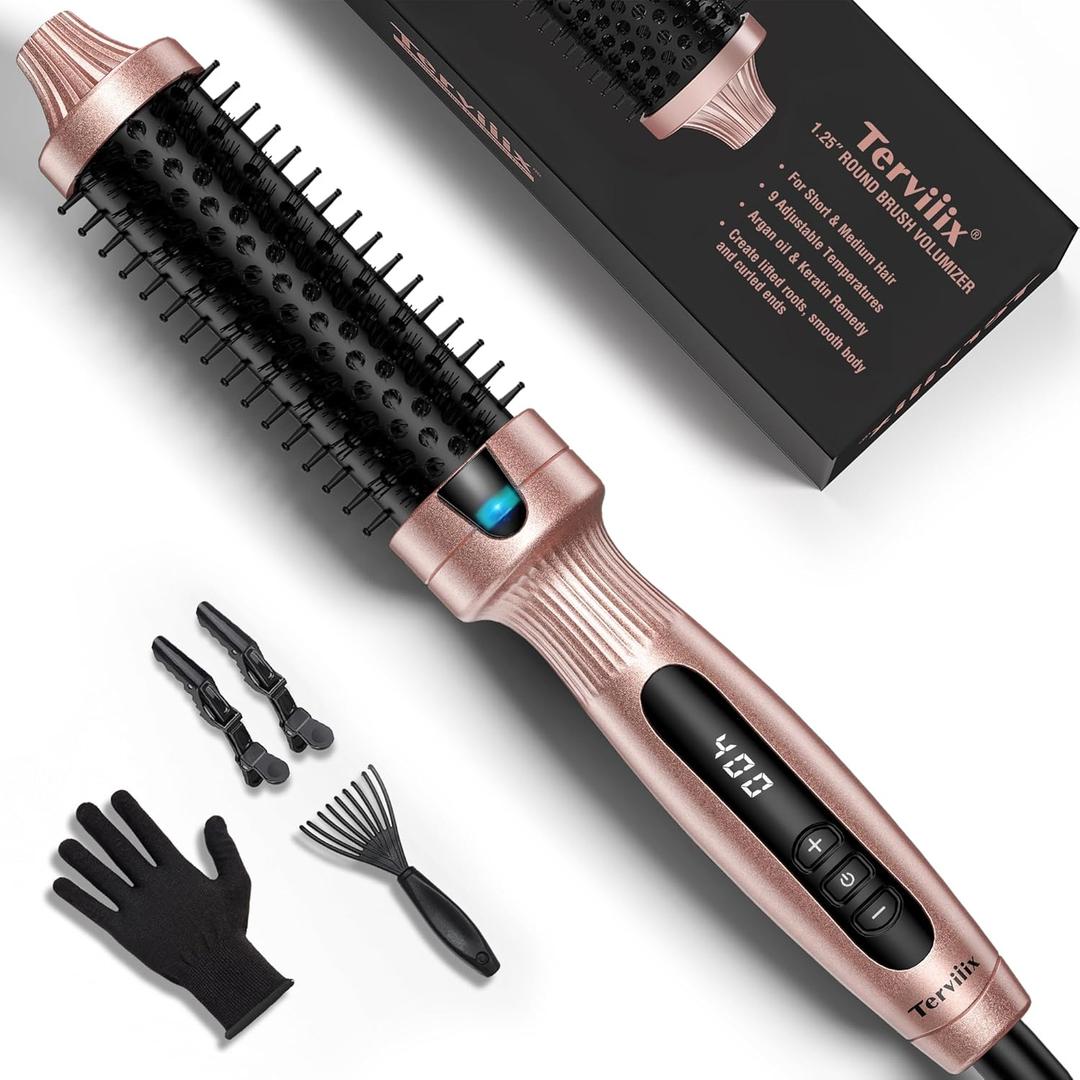 Terviiix Thermal Brush 1.25 Inch Makes Volume Curls, Ceramic Tourmaline Ionic Hot Brush Heated Round Volumizer, Digital Display 9 Temperatures Curling Iron Hair Curling Brush, Dual Voltage