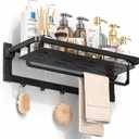 Rust-Proof Floating Shelves Organizer With Foldable Towel Bar 5 Towel Hooks Wall Mounted Organizer 23-Inch Towel Racks For Bathroom Lavatory Kitchen Rv Home Decor, Matte Black