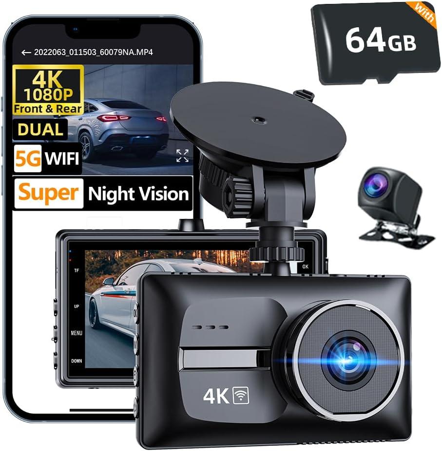 4K Dash Cam Front and Rear Car Cameras, 4K+1080P Dual Dash Camera for Cars with 64GB Card,5G WiFi WDR Night Vision,170Wide Angle, 3 IPS Screen, G-Sensor, 24H/7 Parking Mode,Up to 256GB Supports