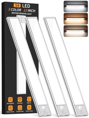 Under Cabinet Lighting Wireless, 54 LED Motion Sensor Light Indoor, 3 Color Dimmable Closet Lights Battery Operated, Rechargeable Magnetic Light, Under Counter Lights for Kitchen, Stairs, Home (3Pack)
