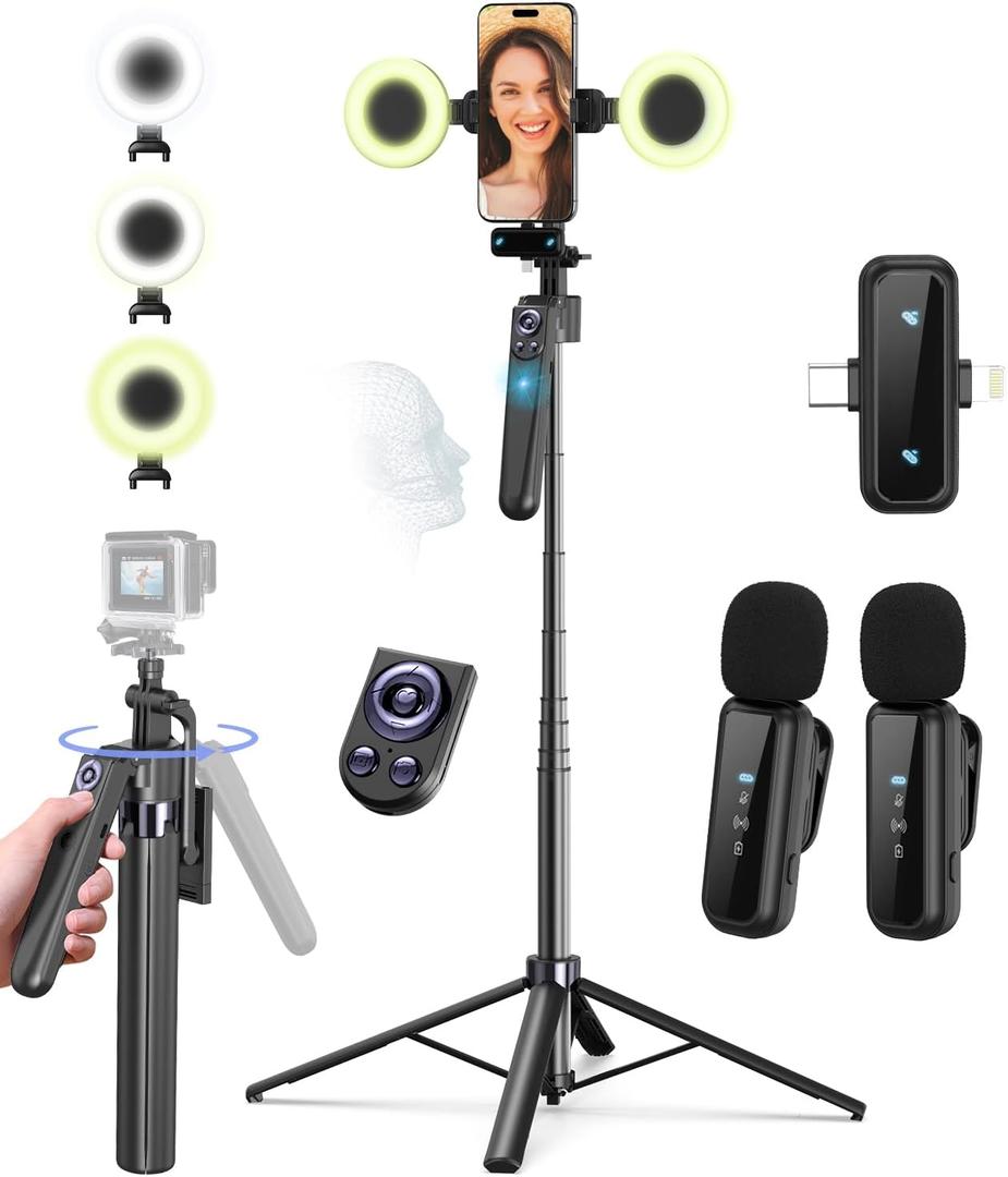 Vlogging Kit for iPhone/Android, 63 Auto Face Tracking Tripod for iPhone with Light, Wireless Microphones, Remote Control for TikTok, YouTube Starter Kit for Content Creator