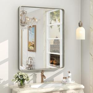 24x30 Inch Silver Bathroom Mirror, Brushed Metal Framed Vanity Mirror for Wall, Rounded Corner Rectangle Mirror, Anti- Rust (Horizontal/Vertical)