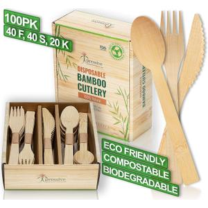 100% Bamboo Heavy Duty Disposable Cutlery [100PK:40 Fork 40 Spoon 20 Knife] Eco Friendly Natural Compostable Biodegradable Utensils | Premium Sustainable Organic alternate to Plastic & Wooden Flatware