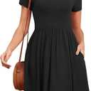 Women's 2026 Summer Short Sleeve Dresses Casual Loose Fit Swing T Shirt Dress V Neck Sundress with Pockets (Black, M)