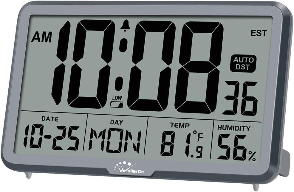 WallarGe Auto Set Digital Wall Clock Battery Operated, Desk Clocks with Temperature, Humidity and Date, Large Display Digital Calendar Alarm Clock for Elderly, Bedroom, Office, 8 Time Zone, Auto DST. (Gray)