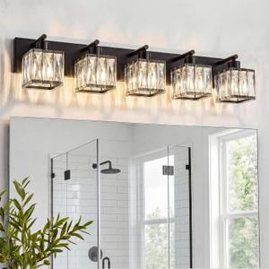 VOLISUN Black Bathroom Light Fixtures, Modern Bathroom Lighting Fixtures Over Mirror, 5 Light Bathrooms Vanity Light, Crystal Vanity Light for Bathrooms-UL Certificated(Exclude Bulb)