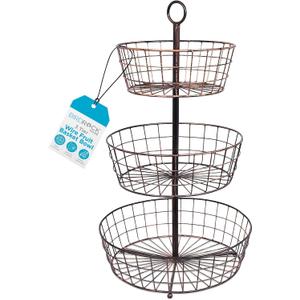 BIRDROCK HOME 3 Tier Wire Fruit Basket | Round Metal Standing Baskets | Fruit Vegetable Garlic Caddy | Freestanding Rustic Decorative Basket