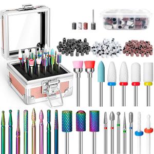 Onism 25Pcs Nail Drill Bits Set - 3/32 Inch Tungsten Carbide Ceramic Nail Bits Kit for Professional Manicure Pedicure Remover for Home Salon Acrylic Gel Nail Polish - With Nail Tool Box, Sanding Bands (Pink)