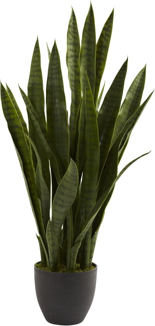 Nearly Natural 35in Artificial Snake Plant, Sansevieria Faux Greenery with Black Planter for Indoor Home Office Decor, Low Maintenance