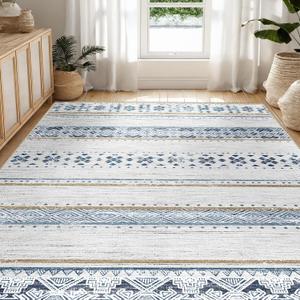 BESTSWEETIE 5x7 Area Rugs for Living Room Washable Moroccan Farmhouse Neutral Geometric Low Pile Non-Slip Soft Print Pattern Rug for Bedroom Kitchen Dining Room Entryway Blue/Brown
