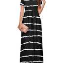 DEARCASE Maxi Dress for Women Black Wave Striped Medium Round Neck Boho Short Sleeve A-line Casual Hawaiian Flowy Party Vintage Spring Summer Beach Long Dresses with Pockets M