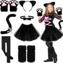 Haull 8 Pcs Halloween Kitten Cat Costume Accessories Girl Cat Ear Tail Gloves Bell Choker Necklace Tights Skirt Calf Sleeves (Large, Black and Black)