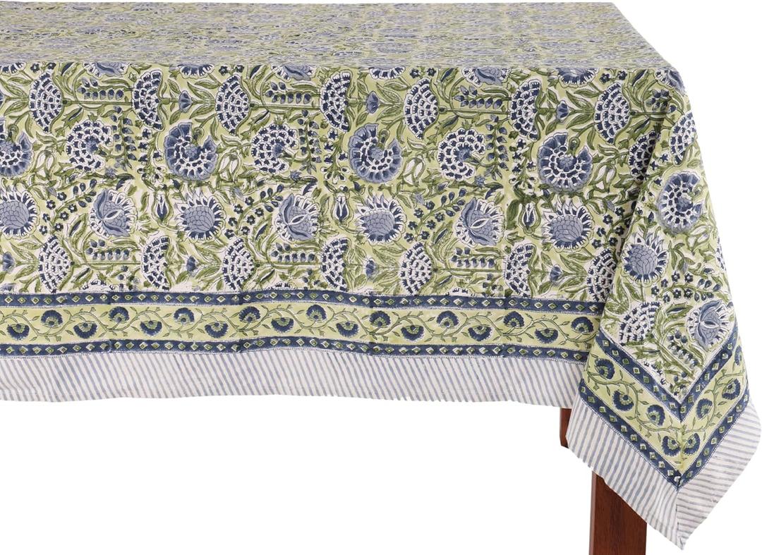 ATOSII Amara Green 100% Cotton Rectangle Fall Tablecloth, Handblock Floral Print Linen Table Cloth for Kitchen Dining I Parties, Weddings, Outdoors, Easter I Home Decor 60 X 90 Inches I 6 Seater