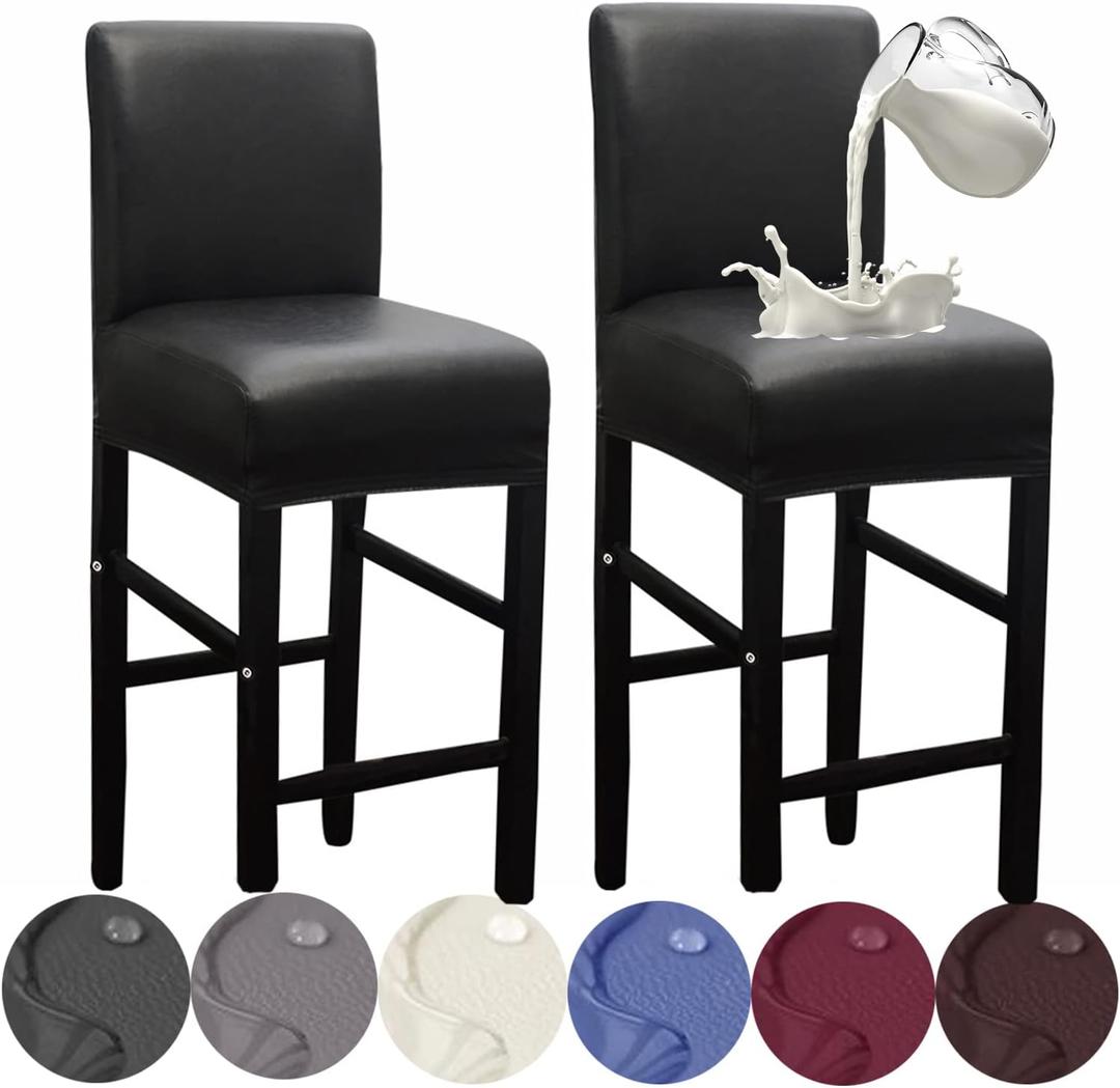 HFCNMY Bar Stool Covers,2 Pack Stretch Waterproof PU Bar Stool Covers with Backs Bar Stool Chair Covers Barstool Covers Slipcovers with Back Pub Counter Stool Chair Covers with Elastic Bands Black