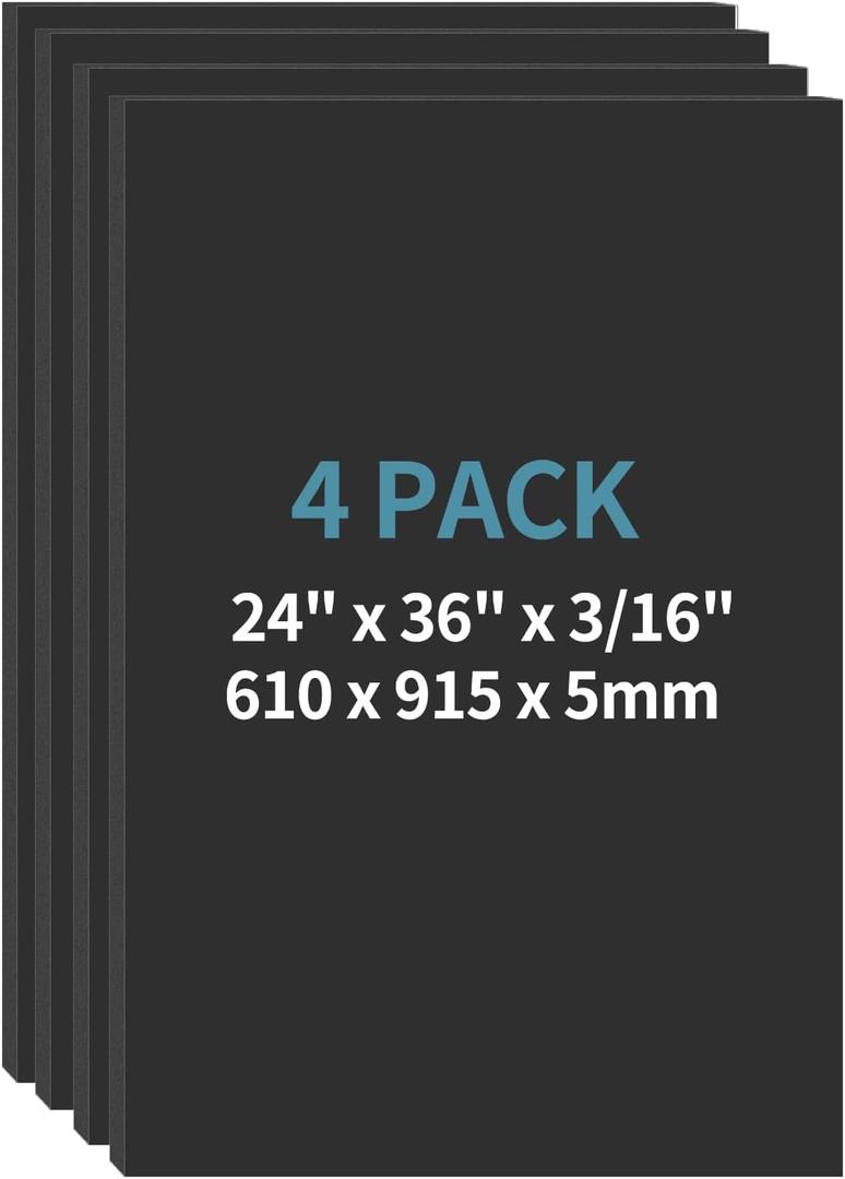 4 Pack Foam Board 24"x36", 3/16 Inch Thickness Black Poster Board, Double-Sided Acid-Free Foam Core Board, Large Lightweight Polystyrene Mat Board for Painting, Display, Craft & School Projects