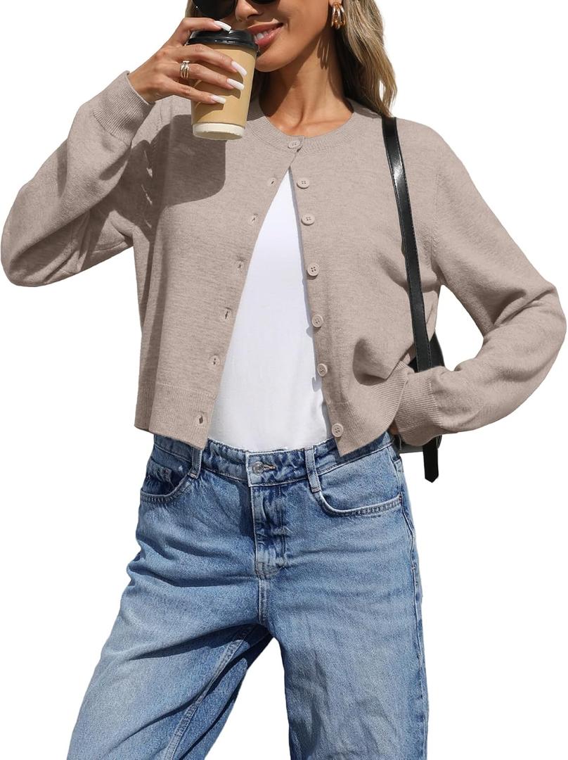 ELLEVEN Women's Cropped Cardigan Sweaters, Light Weight Knit Sweater Cute Short Button up Cardigans Trendy Fashion Clothing (Brown)