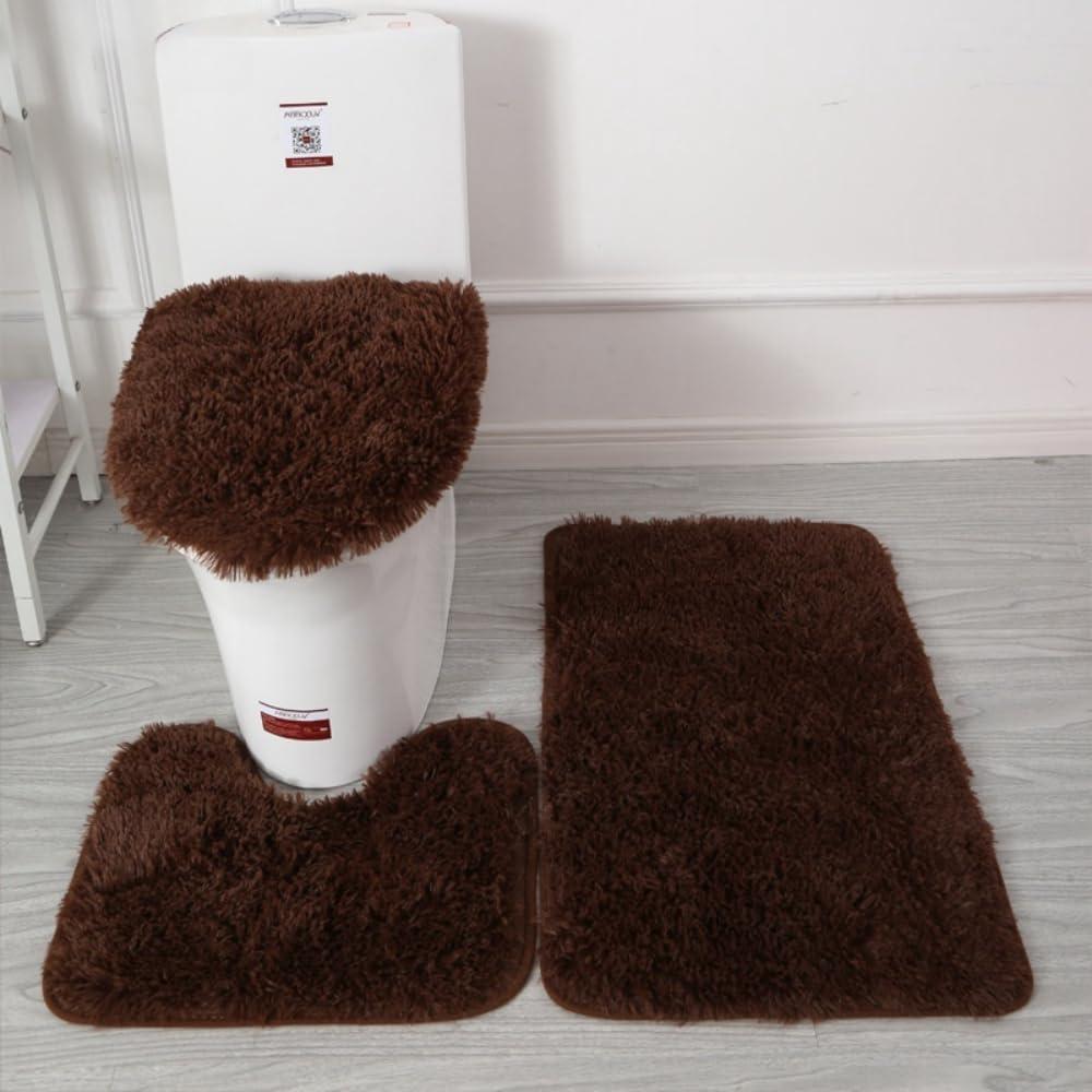 Bathroom Rugs Sets 3 Piece,U-Shaped Toilet Floor Mat +Non Slip Rugs +Toilet Lid Cover Mat,with PVC Point Rubber Backing (Coffee Color)
